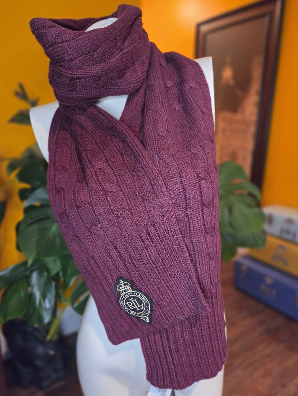 Ralph Lauren Crest Patch Cable Knit Scarf in Deep Burgundy